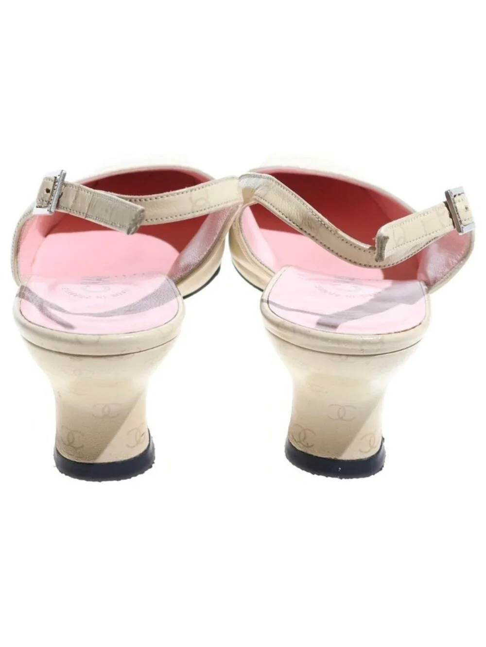 Chanel CC Logo All Over Print Leather Pumps Mules Low Heels Beige